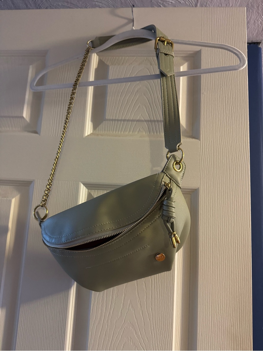 Sage Green Crossbody Belt Bag with Gold Chain Accent